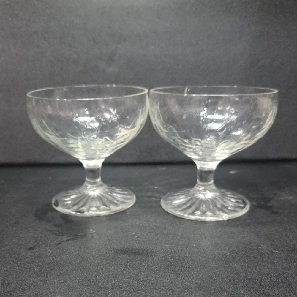 LE Smith Crackle Sherbet Glasses, Set of 2, Vintage Clear Dessert Cups, Stemware
